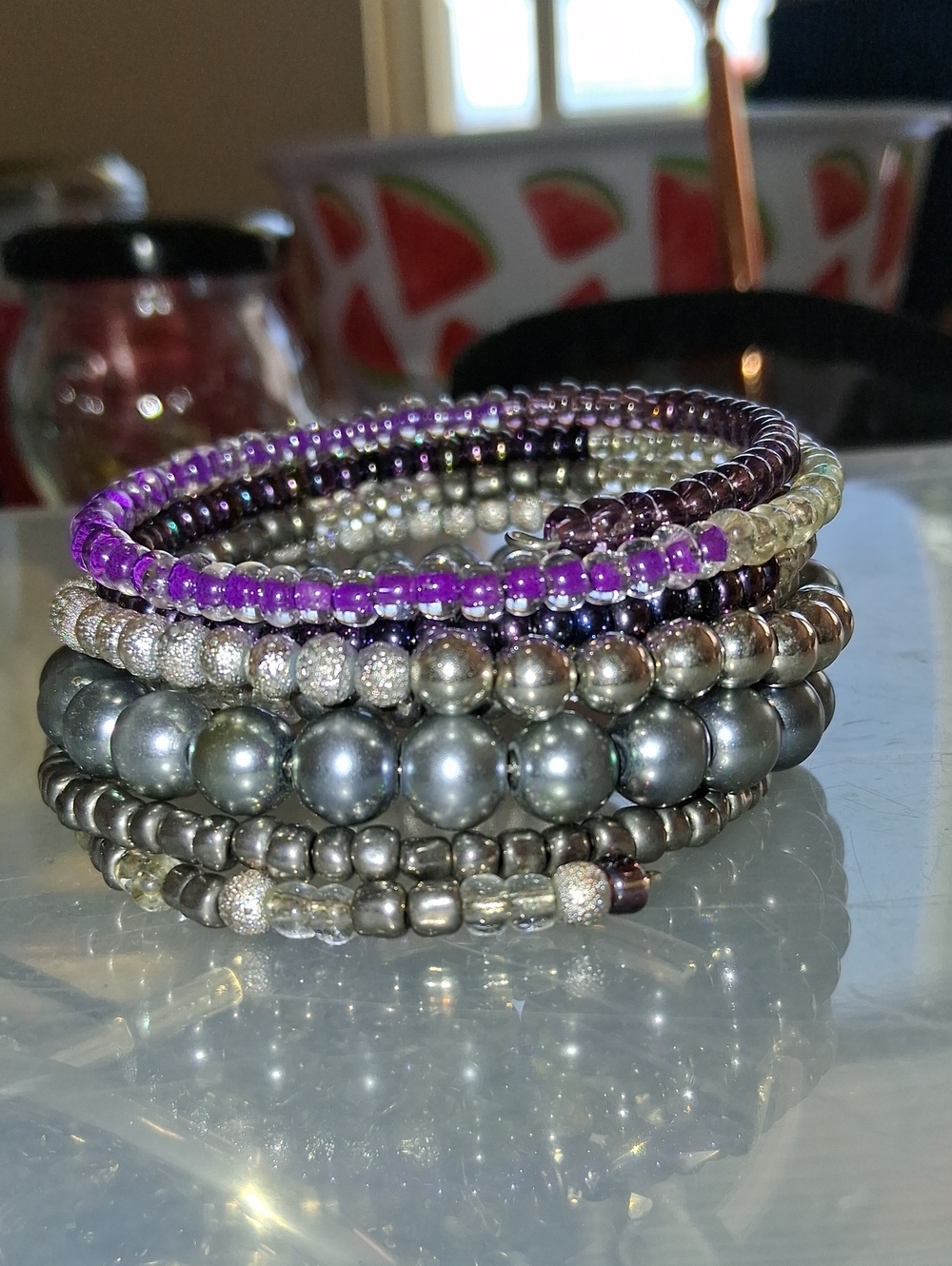 Stacked Purple and Gray Bead Stretch Bracelet Set